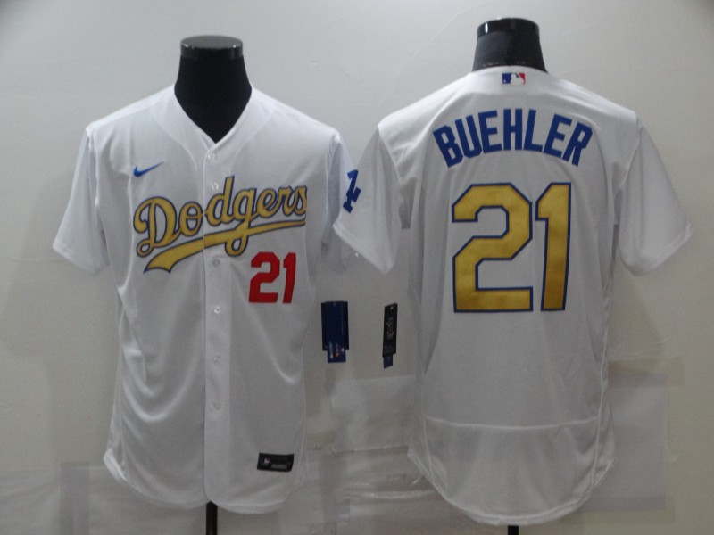 Men's Los Angeles Dodgers #21 Walker Buehler White Gold 2021 Stitched Jersey